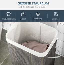 MEUNIQ Wasmand 83L van bamboe met deksel, uitneembare waszak en handgrepen, opvouwbare smalle wasbox 43 x 32 x 61 cm voor badkamer, slaapkamer of wasruimte, grijs — thumbnail 4