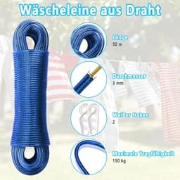 Waslijn met Stalen Kern - Kledinglijn Sterk Touw - Buiten Kleding Drogen - 150 kg Draagvermogen - 50 meter - Blauw — thumbnail 5