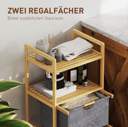MEUNIQ wasmand 35,4 L met 2 vakken, 2 uitneembare stoffen waszakken, 2 open opbergplanken, bamboe wassorteerder voor badkamer, 44 x 34 x 96 cm, naturel — thumbnail 3