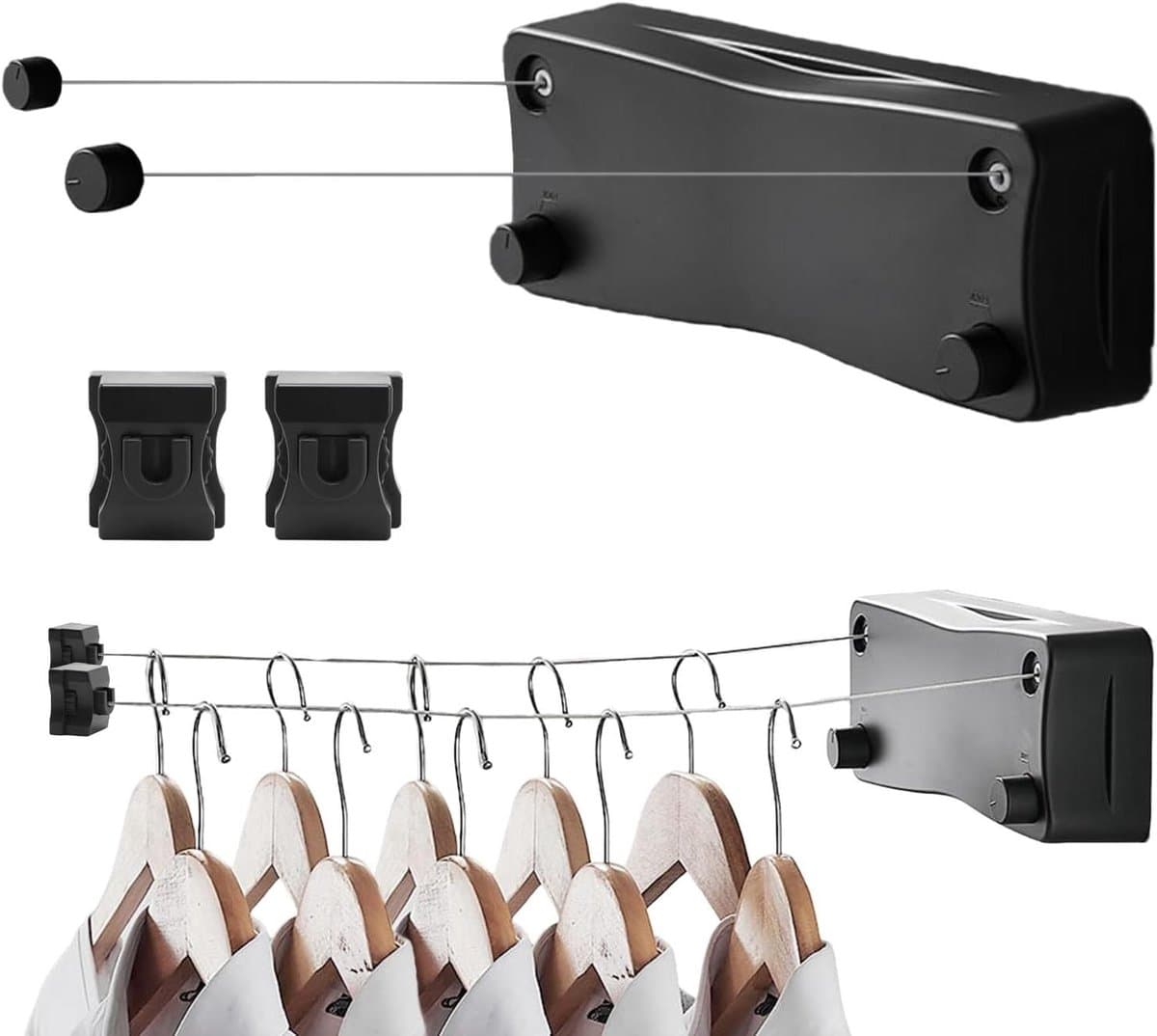 Intrekbare Waslijn - Wand Waslijn - Kleding Drogen - Dubbele Rvs Kabel - 52 Meter - Zwart — afbeelding 1