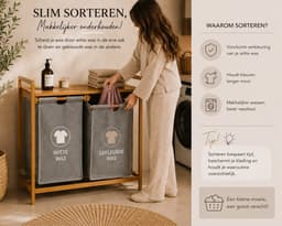 Luxe Wasmand Tao – Bamboe met 2 Waszakken – 64 x 33 x 73 cm – Dubbele Wasmand met Legplank — thumbnail 3