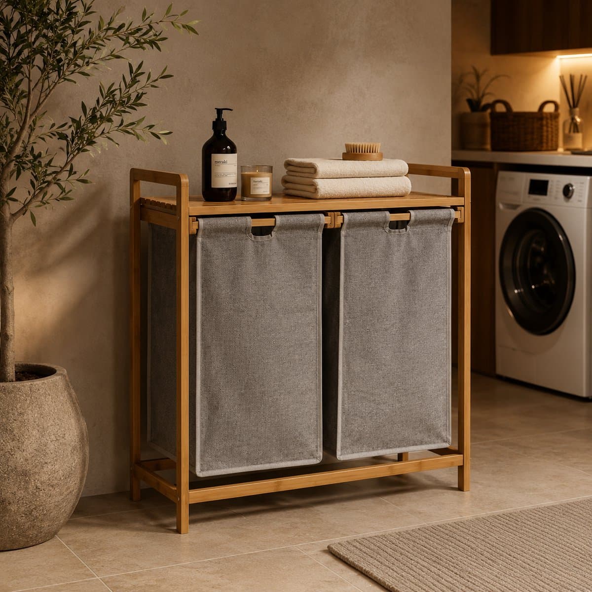 Luxe Wasmand Tao – Bamboe met 2 Waszakken – 64 x 33 x 73 cm – Dubbele Wasmand met Legplank — afbeelding 1