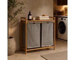 Luxe Wasmand Tao – Bamboe met 2 Waszakken – 64 x 33 x 73 cm – Dubbele Wasmand met Legplank