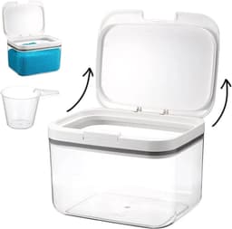 Houder voor waspoeder, dispenser voor wasmiddel, 2,8 l | Inclusief etiket, afwasmiddel dispenser en deksel, geschikt voor wasmiddelcapsules, wasmiddel en meel, transparant wit — thumbnail 1