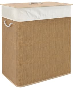 Wasmand 52 × 32 × 63 cm houtkleur bamboe, wasgoedmand met deksel en uitneembare waszak, eenvoudig ontwerp, praktisch en mooi, gebruiksvriendelijk, geschikt voor slaapkamer, badkamer en wasruimte — thumbnail 1