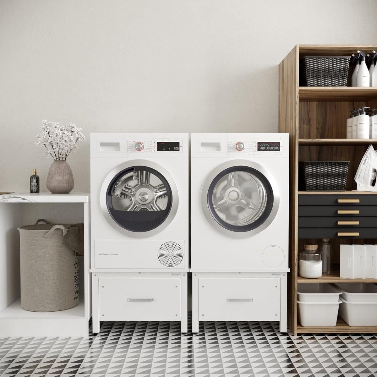 Wasmachine verhoger - Opbouwmeubel sokkel - Apparaten verhogen - Met lade en lekbak - 42 cm hoog - Wit — afbeelding 1