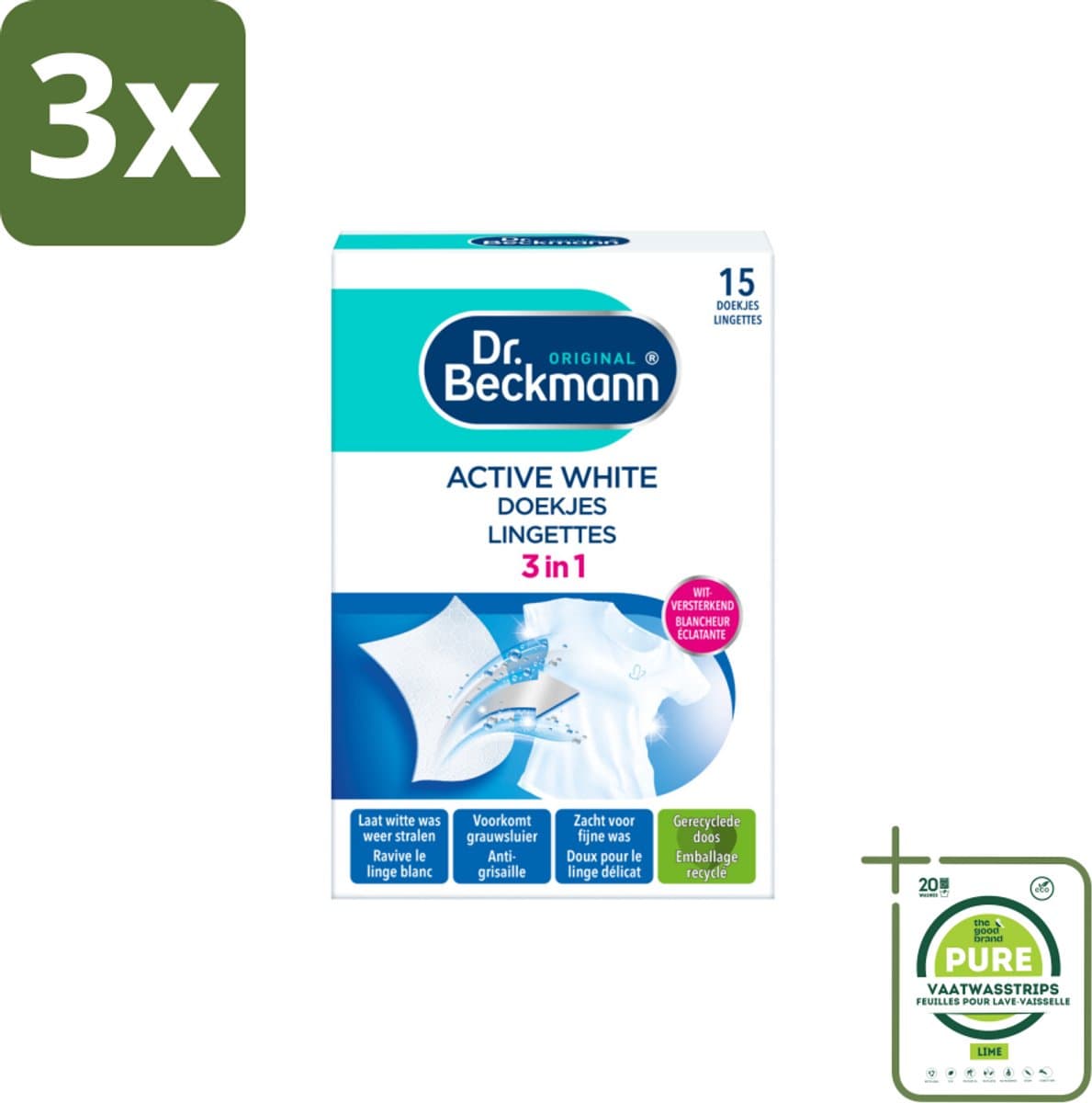 3 x Dr. Beckmann - Kleurverzorging - Active White - Witte Was - 15 Doekjes - Grootverpakking - Witte Was - Wasverzorging - Grauwsluier - Vergeling - Witmaakdoekjes — afbeelding 1