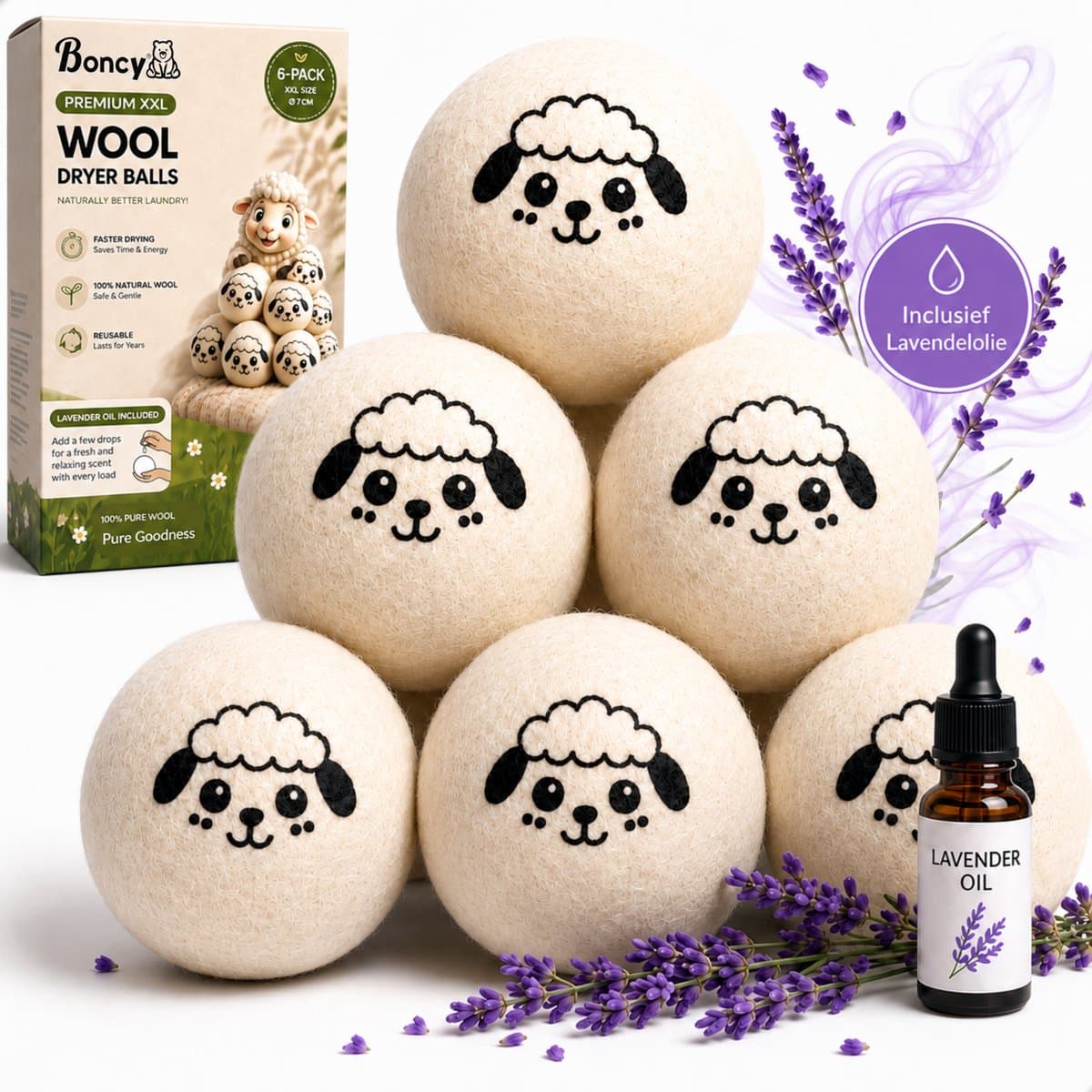 Boncy® Drogerballen - 6 Stuks XXL Droogballen voor Wasdrogers - 100% Schapenwol Wasdrogerballen Inclusief Lavendel Olie - Energiebesparend & Duurzaam Cadeau - Wasballen voor Wasdroger Droogtrommel - Dryer Balls Wol Droger Ballen - Wasbol Wasbollen — afbeelding 1