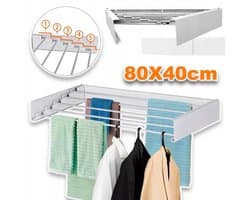 Opvouwbaar Wanddroogrek - 5 Stevige Aluminium Stangen Draagvermogen 15-20 kg Compact 80x40 cm - Voor Binnen/Buiten Wassen - Wit