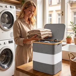 Soontrans - Wasmand 2 Vakken - Wassorteerder met Deksel - 54x34x55cm - Uitneembare Waszakken - Bamboe-lijst - Afneembaar - 102L - Grijs — thumbnail 3