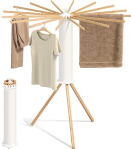 SONGMICS LLR530YW01 Opvouwbaar wasrek, draagbare vloerdroger, ruimtebesparend, draaibaar, uitschuifbaar, voor wasruimte, balkon, 16 houten armen, natuurlijke kleur — thumbnail 1