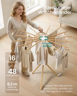 SONGMICS LLR530YW01 Opvouwbaar wasrek, draagbare vloerdroger, ruimtebesparend, draaibaar, uitschuifbaar, voor wasruimte, balkon, 16 houten armen, natuurlijke kleur — thumbnail 3
