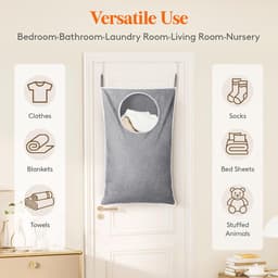 Over Door Laundry Hamper, Grote Inklapbare Hangende Wasmand, Hangende Wasmand Tas voor Badkamer Slaapkamer Vuile Kleren Opberg Organisatie, Licht Grijs, 1 Pak — thumbnail 3