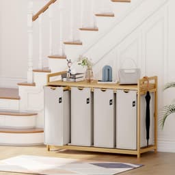 Wasmand met bamboeframe 200L 4 vakken uittrekbare en afneembare waszak wasverzamelaar laundry baskets bamboe lichtgrijs-06-19 — thumbnail 2