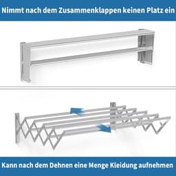 Wandmontage kleeddroger - Uittrekbare droogstandaard - Kleding Drogen - Ruimtebesparend Inklapbaar - 65-127cm Uittrekbaar - Zilverkleurig — thumbnail 3