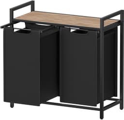 Wasmand met 2 vakken Wasgoed sorteerbak 73 x 33 x 72 cm zwart 2x46L grote capaciteit met verstelbare voetjes uittrekbare en afneembare waszakken en opbergrek Stevig metalen frame Geschikt voor wasruimte badkamer en slaapkamer — thumbnail 1