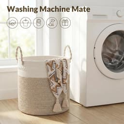 Ronde wasmand, 64 l, van katoenen touw, wasmand en opbergmand met handgrepen, voor vuile was, speelgoed en dekens, slaapkamer en wasruimte, 40 x 25,5 cm, wit en kaki — thumbnail 2