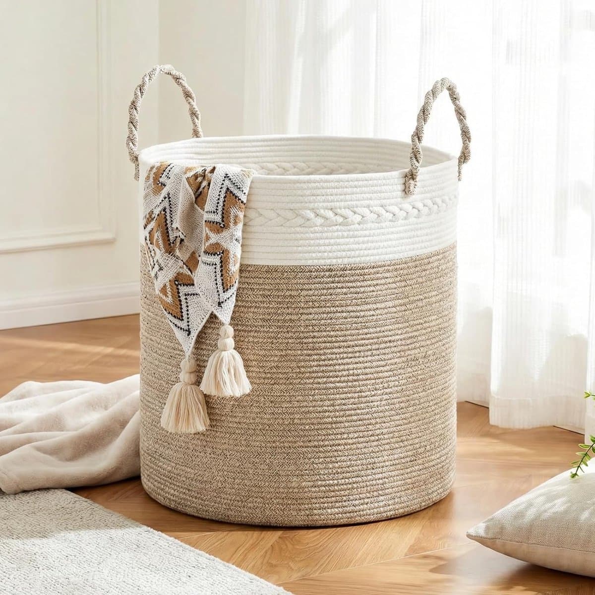 Ronde wasmand, 64 l, van katoenen touw, wasmand en opbergmand met handgrepen, voor vuile was, speelgoed en dekens, slaapkamer en wasruimte, 40 x 25,5 cm, wit en kaki — afbeelding 1