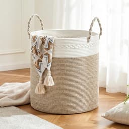 Ronde wasmand, 64 l, van katoenen touw, wasmand en opbergmand met handgrepen, voor vuile was, speelgoed en dekens, slaapkamer en wasruimte, 40 x 25,5 cm, wit en kaki — thumbnail 1