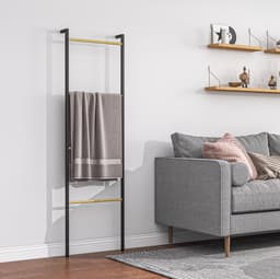 MEUNIQ handdoekladder droogrek 49 x 5,5 x 167,5 cm met 4 stangen, leunend wanddroogrek voor badkamer, slaapkamer of woonkamer, staal en bamboe, zwart — thumbnail 2
