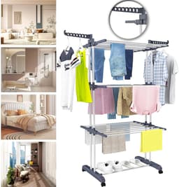 4-Laags Wasdroogrek Met Wielen - 2 Zijhaken Met Vergrendelbare Remmen - Stevig Metalen Frame - Snelle Montage in 10 Minuten Plat Op Te Vouwen - Voor Binnen- En Buitengebruik — thumbnail 1