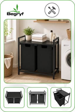 Begryf Wasmand met 2 vakken - 92 l - 2 uitneembare waszakken van 46 l - plank - 73 x 33 x 71 cm - zwart — thumbnail 2