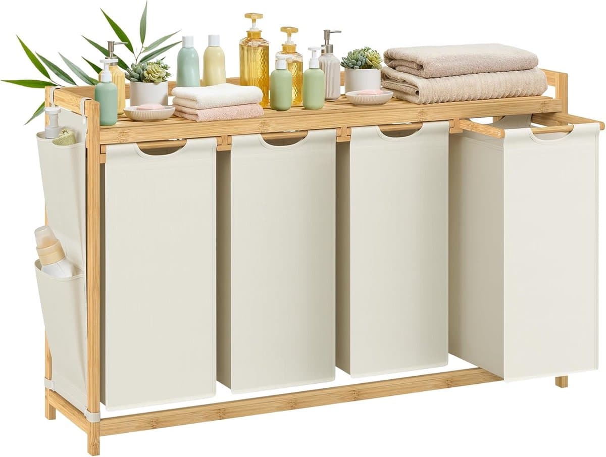 Conway Living® Wasmand 4 vakken – wassorteerder - wasmanden - wasbox - wasmand hout - wasmand - wasmanden bruin - 200 liter - 4 x 50 L - 4 zakken - uitschuifbaar met plank - 125 x 33 x 78 cm — afbeelding 1