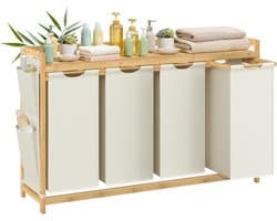 Conway Living® Wasmand 4 vakken – wassorteerder - wasmanden - wasbox - wasmand hout - wasmand - wasmanden bruin - 200 liter - 4 x 50 L - 4 zakken - uitschuifbaar met plank - 125 x 33 x 78 cm