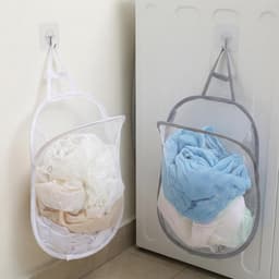 Hangende wasmand - 2 stuks - wasmand aan de muur met zelfklevende haken - waszak om op te hangen - voor hotels, camping en gebruik thuis — thumbnail 2