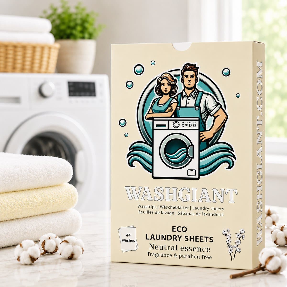 Washgiant Wasstrips Neutral Essence – Parfumvrij Wasmiddel – Wasmiddeldoekjes – Microplasticvrij – 44 Wasbeurten — afbeelding 1