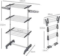 Opvouwbare Wasdroger Toren met Wielen 142x55x152cm Grijs Staal 3 Niveaus Zijvleugels 6 Zwivelwielen met Remmen — thumbnail 1