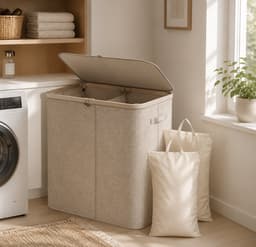 Wasmand met Deksel - Beige - Grote Capaciteit van 145L - Met 2 Uitneembare Zakken - Voor Badkamer en Slaapkamer — thumbnail 2