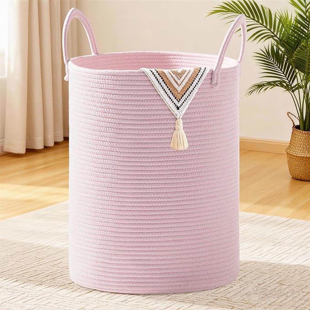 Extra Grote Geweven Katoenen Touw Wasmand 100L - Opvouwbare Opbergmand Met Handvatten - Decoratieve Wasverzamelaar Voor Kleding, Dekens, Speelgoed En Huishoudelijke Opslag - Zachte Katoenen Mand (Roze) — afbeelding 1