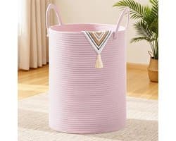 Extra Grote Geweven Katoenen Touw Wasmand 100L - Opvouwbare Opbergmand Met Handvatten - Decoratieve Wasverzamelaar Voor Kleding, Dekens, Speelgoed En Huishoudelijke Opslag - Zachte Katoenen Mand (Roze)