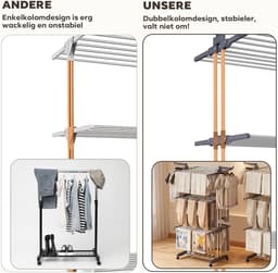 Toren droogrek met wieltjes - 4 laags staand droogrek van roestvrij staal - 6 inklapbare vleugels - Ruimtebesparend kledingrek - 76x50x172 cm - Voor balkon, badkamer en binnengebruik - Grijs — thumbnail 5