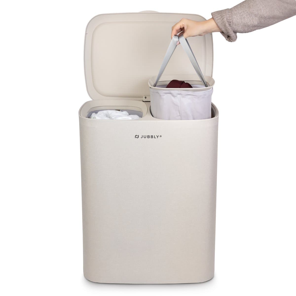 Jubbly® - Wasmand - Wassorteerder - Wasmand met Deksel - Wasmand 2 vakken - Wasmand opvouwbaar - Wasbox - 50 Liter - Beige - The Splitsmart — afbeelding 1