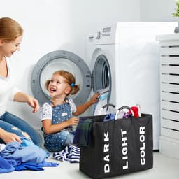 Opvouwbare wasmand met 3 vakken – Duurzame Oxford-stof – Handgrepen van metaallegering – Multifunctionele, draagbare sorteerzak voor de was (Zwart) — thumbnail 2