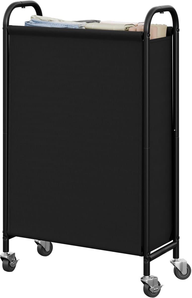 SAYS 80L slanke wasmand met wielen, stoffen rollende wasmand, smalle kledingorganizer, hoge mand voor kast, wasruimte, badkamer, zwart — afbeelding 1