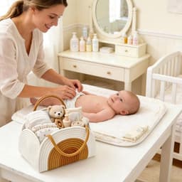 SnelShoppen - Opbergmand voor baby's - Draagbare katoenen luiermand met vakken en handgrepen - Wit - Perfect voor pasgeboren kinderen - Ruimtebesparen — thumbnail 3