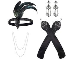 4 stuks 1920 accessoireset, vintage kostuumaccessoires, Gatsby haarband, flapper, hoofdband, parelketting, oorbellen, lange handschoenen, flapperaccessoires, Great Gatsby-accessoires voor