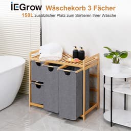 iEGrow Wasmand 3 compartimenten met plank, bamboe wasmand op wielen, 3 x 50 l uittrekbare waszakken, grijze wassorteerder organizer 3 secties wasmand voor slaapkamer badkamer, wasruimte — thumbnail 4