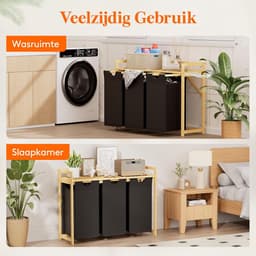 Wasmand met bamboeframe, 150 liter, wasverzamelaar, 3 vakken, afneembare wasbox, bamboe, wassorteerder voor kleding, handdoeken, speelgoed, 96. 2 x 33,4 x 72 cm, zwart — thumbnail 2