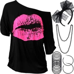 jaren 80 Kostuum Accessoires Set, Lips Print T-Shirt Kant Hoofdband Oorbellen Ketting Armband voor 80s Thema Party (Zwart, XXXL) — thumbnail 1
