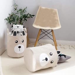 Grote Waterdichte Canvas Opbergmand voor Kinderen - Opvouwbare Ronde Wasmand met Handgrepen - Baby en Kleuters - Beige — thumbnail 3