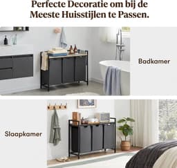 VALI® Wasmand -Plank en Dubbele Uittrek - Uitneembare Zakken - Zwart - 92cm x 36cm x 8cm — thumbnail 5