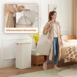 Wasmand van 100 liter met deksel, wasmand met bamboe handgrepen en een afneembare waszak, grote opvouwbare wasmand voor slaapkamer, badkamer, slaapzaal, wasruimte, wit — thumbnail 5