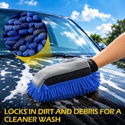 Set van 2 autowashandschoenen, chenille, dubbelzijdig, absorberend en waterdicht, 19 x 26 cm, krasbestendig, voor reiniging van auto/motorfiets, geel + blauw — thumbnail 2