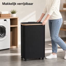 Vouwbaar - Wasmand met deksel - 100 liter met wielen en rem - Bamboe handvatten en afneembare zak - Geschikt voor badkamer, slaapkamer en wasruimte — thumbnail 3