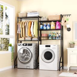Liverna® Wasmachine Ombouw Rek - Opbergkast/Wc Kastje boven Wasmachine en Droger - 3 Laags Badkamerrek - Metaal Zwart - 147x35x195 cm — thumbnail 2