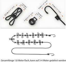 Dailygoods- Waslijn Draagbaar - Oprolbaar - Elastisch - 12 Klemmen — thumbnail 4
